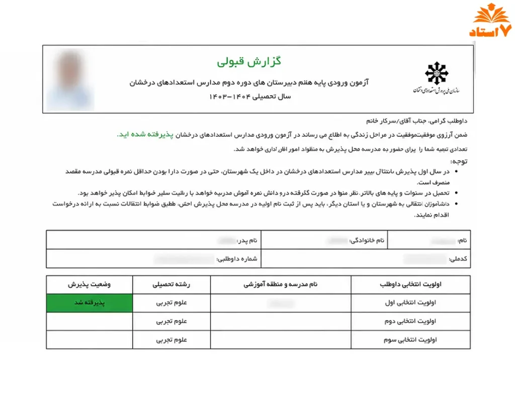کارنامه قبولی تیزهوشان