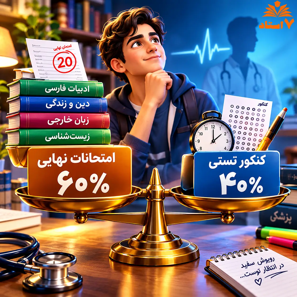 دانش‌آموز کنکوری در کنار برگه امتحان نهایی و نمودار رشد رتبه